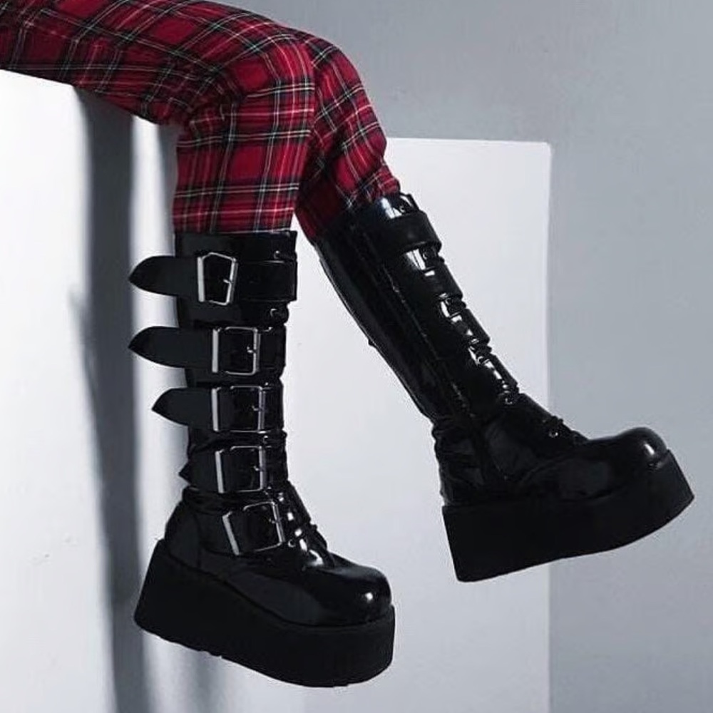 Demonia Trashville-518 Patent Leather Black Platform Buckle Boots